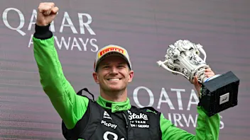 NORTHAMPTON, ENGLAND - JULY 06: Third placed Nico Hulkenberg of Germany and Stake F1 Team Kick